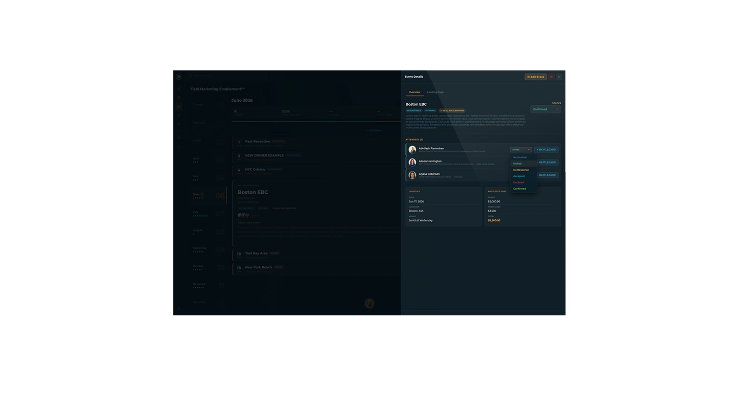 Step 5: Attendee Status screen in the CYBE^R® Portal — invitation, RSVP, and attendance tracking