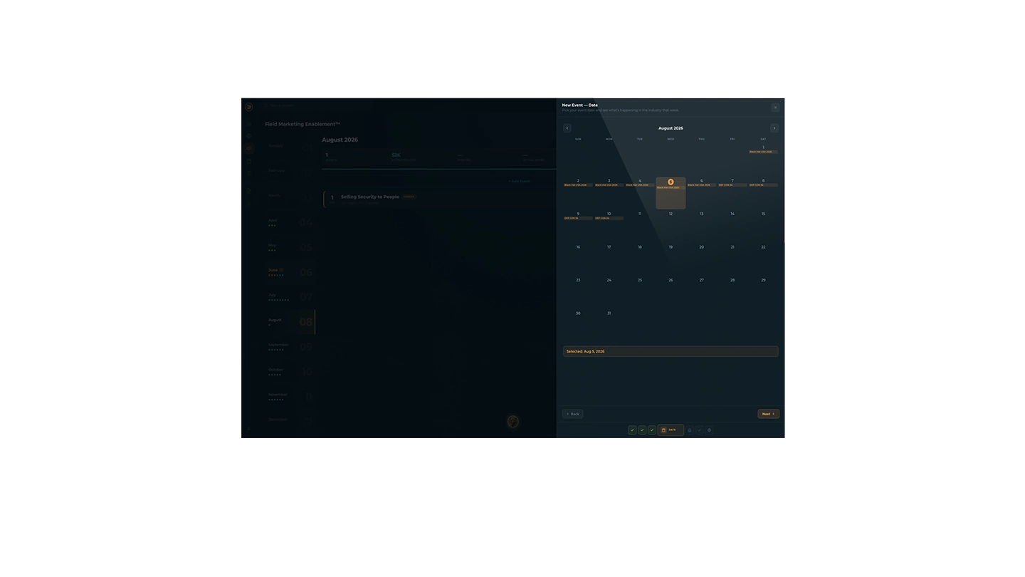 Step 3: Event Calendar screen in the CYBE^R® Portal — cybersecurity conference conflict detection