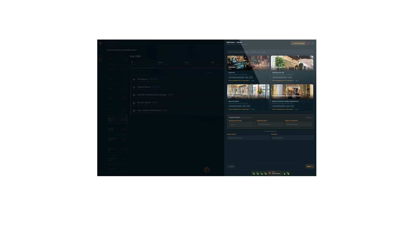 Step 4: Venue Selection screen in the CYBE^R® Portal — executive dinner venue management and booking